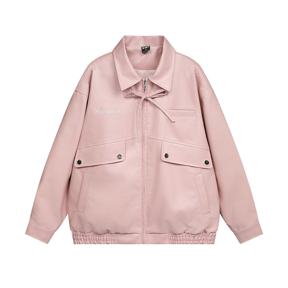 Bow Tie Loose Motorcycle Clothing Leather Coat