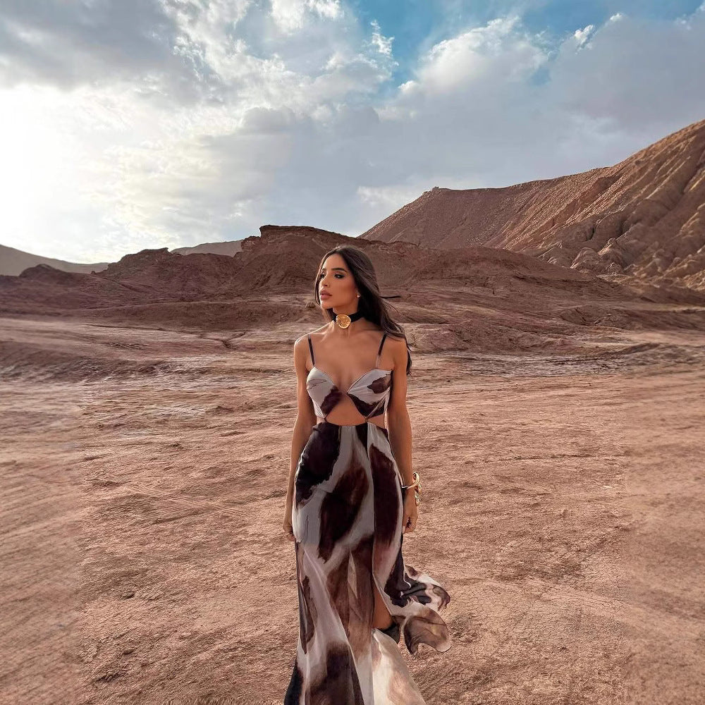 Tie-dye Sexy Front Empty Spaghetti Straps Sleeveless Elegant Vacation Dress