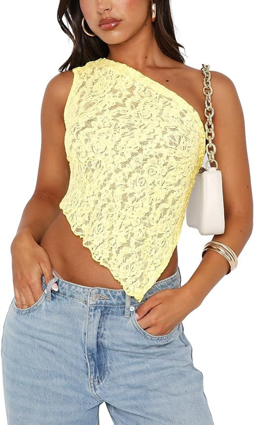 Lace Backless Top Summer Solid Color Waistless Asymmetrical Sloped Neck Vest Streetwear Womens Clothes