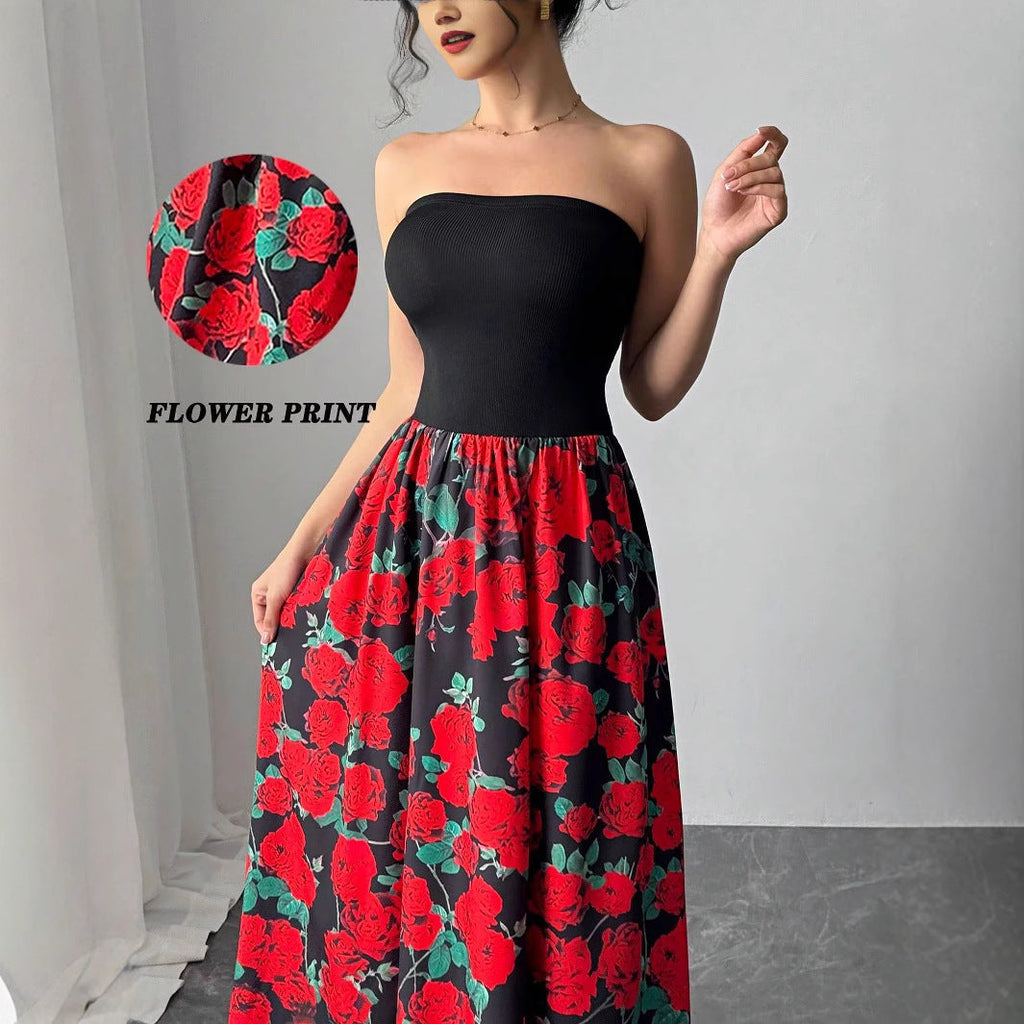 Elegant Women's Rose Print Short Stitching Bandeau Sexy Long Dress