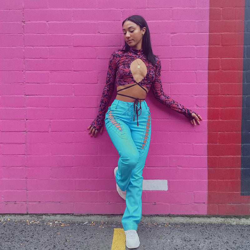 Women's High Waist Hollow-out Strap Straight Ankle Tied Leather Pants