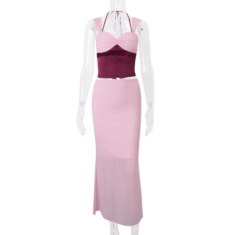 Sexy Hot Girl Crop-top Spaghetti-strap Top Slim Hip Skirt Suit Women