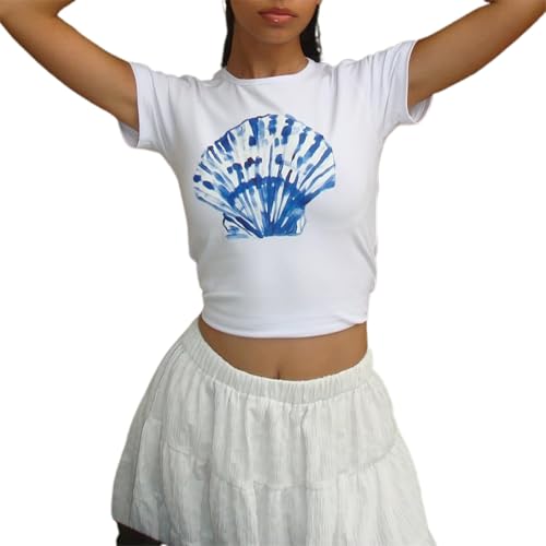 Women Hawaii Baby Tees Y2K Short Sleeve Crewneck Aesthetic Graphic Slim Fit Crop Tops