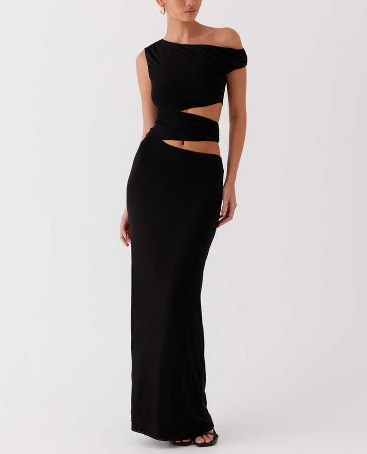 Sexy Cut Out Maxi Dress for Women Spaghetti Strap Backless Bodycon Dress Y2k Hollow Sleeveless Long Dress