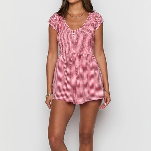Women's Gingham Mini Dress Short Sleeve Bow Deep V Neck Smocked Waist Slim Fit Retro Plaid Dresses Y2k Sundress