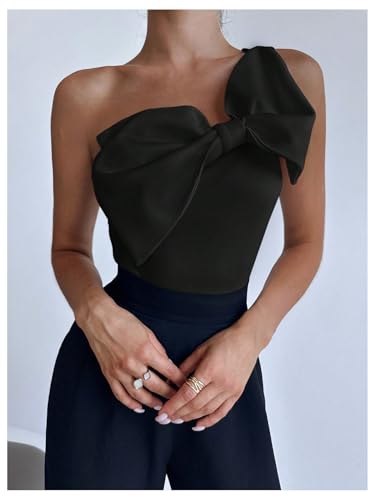 Women's One Shoulder Sleeveless Big Bow Front Elegant Fitted Tank Top Bodysuit