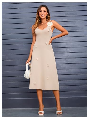 Women's 3D Flower Backless Sweater Dress Sleeveless Slim Fit Flared Hem Midi Dresses