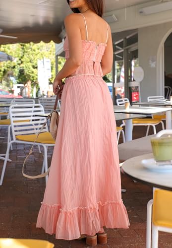 Women 2 Piece Outfits Y2k Sleeveless Lace Trim Cami Tops and Ruffle Ruched Maxi Skirt Matching Set