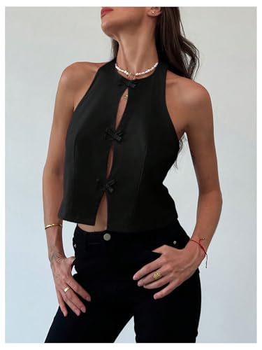 Women's Bow Knot Backless Halter Top Y2k Cut Out Split Hem Sleeveless Tops