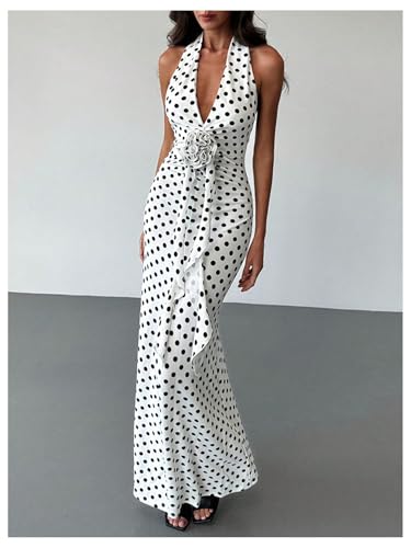 Women's Polka Dots Halter Dress High Split Deep V Neck Backless Bodycon Maxi 3D Flower Dresses