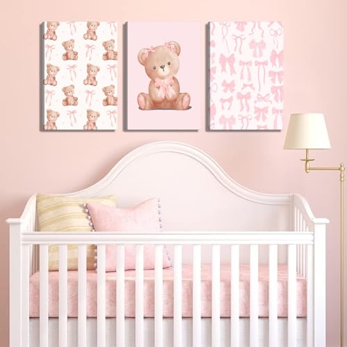 Pink Teddy Bear Wall Art Coquette Bow Wall Decor Pictures Cute Animal Nursery Canvas Posters Prints 3Pcs
