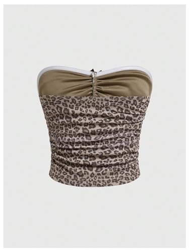 Women's Leopard Print Ruched Strapless Bandeau Top Meah Casual Sleeveless Bow Slim Fit Cheetah Print Tube Crop Tops