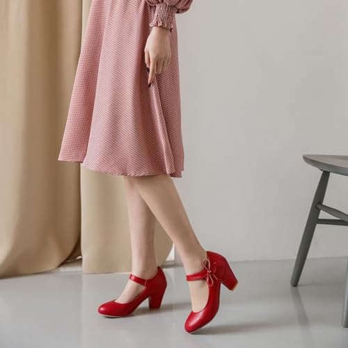 Women's Bow Mary Jane Dress Pumps Shoes Chunky Block High Heels Round Toe Shoes