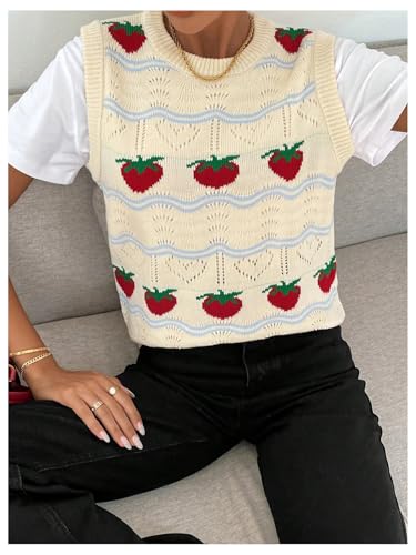Women's Strawberry Crew Neck Sleeveless Sweater Vest Knit Cute Knitwear