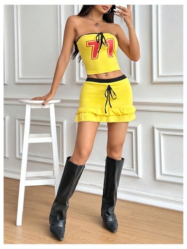 Women's Two Piece Outfit Number Print Strapless Tube Crop Tops and Ruffle Tiered Mini Skirt Set