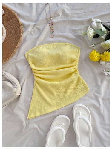 Women's Strapless Asymmetrical Tube Tops Sleeveless Ruched Crop Bandeau Summer Going Out Backless Top Dressy