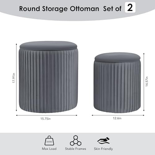 Set of 3 Velvet Round Storage Ottomans â€?Modern Upholstered Vanity Stool & Foot Rest with Hidden Storage