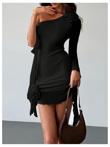 Women's 3D Floral Bodycon Mesh l Asymmetrical Long Sleeve Mini Dress