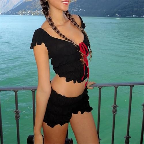 Women's Sexy Ruffle 2 Piece Sets Short Sleeve Bow Tie Front Crop Tops and Smocked Ruched Shorts Loungewear