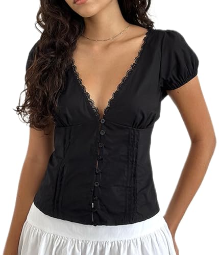 Y2K Short Sleeve Babydoll Tops for Women Cute Aesthetic U Neck Teen Girls Tshirt Ruffle Hem Patchwork Peplum Shirts