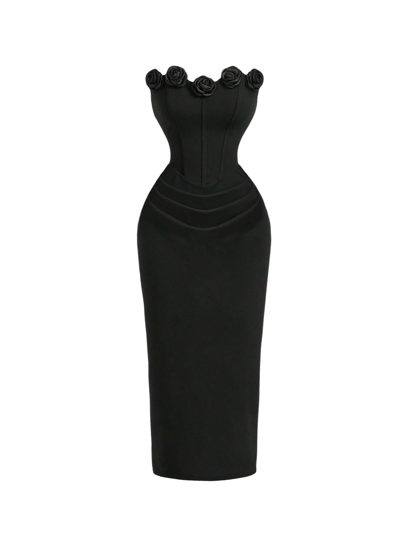 Women's 3D Flower Strapless Midi Dress Ruched Split Corset Bodycon Dresses