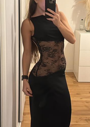 Women Satin Bodycon Maxi Dress Y2K Lace Patchwork Sleeveless Dress Backless Cutout Long Lace Dress Elegant