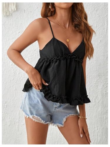 MakeMeChic Women's V Neck Spaghetti Strap Camisole Sleeveless Ruffle Hem Y2K Tank Tops