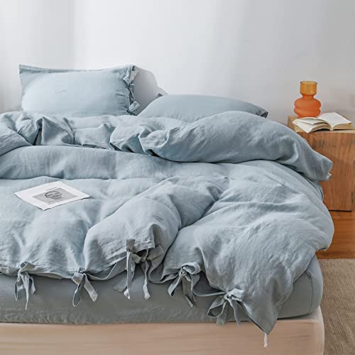 The 100% Linen Duvet Cover Set, 3 Pieces Belgian Flax Breathable Bedding,(1 Comforter Cover+2 Pillowshams) with Tie Closure Style