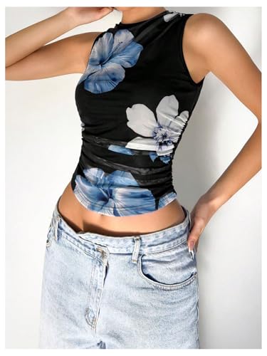 Women's Flower Print Mesh Top Sleeveless Mock Neck Ruched Tank Tops