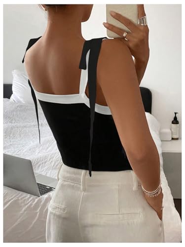 Women's Coquette Bow Tie Shoulder Tank Tops Backless Fitted Crop Tops