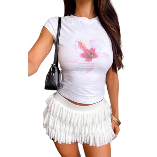 Women Hawaii Baby Tees Y2K Short Sleeve Crewneck Aesthetic Graphic Slim Fit Crop Tops