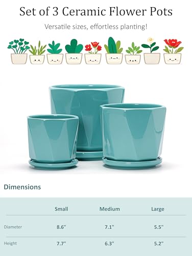 Ceramic Plant Pots Indoor, 8.6+7.1+5.5 Inch Planters with Drainage Holes and Saucers Set of 3 Large Flower Pots
