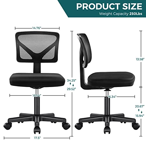 Vanity Swivel Armless Desk Chairs with Wheels, Ergonomic Adjustable Home Office Rolling Task Chair, Comfy Mesh Mid Back