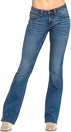Women Bootcut Jeans, Stretchy Feather Flower Embroidery Mid Rise Slim Straight Leg Pants Jeans