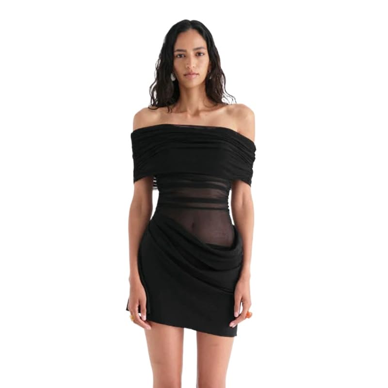 Women Off Shoulder Bodycon Maxi Dress Layered Mesh Ruched Hollow Out Dresses