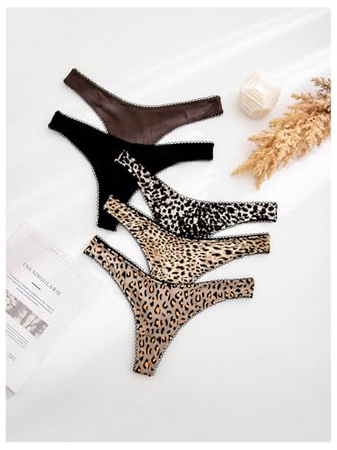 Women's 5 Pack Leopard Print Thongs Low Rise Panties Underwear Sets