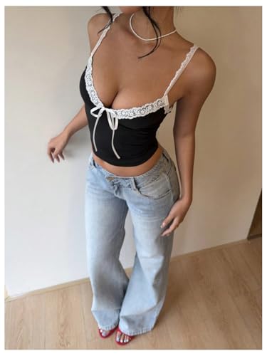 Women's Floral Lace V Neck Camisole Bow Spaghetti Strap Going Out Tank Crop Top