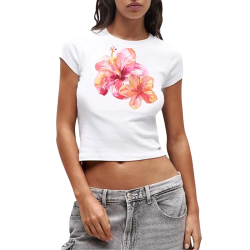 Women Hawaii Baby Tees Y2K Short Sleeve Crewneck Aesthetic Graphic Slim Fit Crop Tops