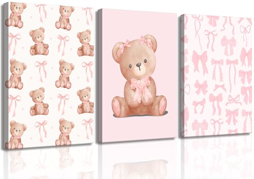 Pink Teddy Bear Wall Art Coquette Bow Wall Decor Pictures Cute Animal Nursery Canvas Posters Prints 3Pcs