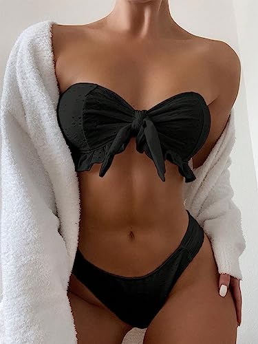 Women's 2 Piece Bathing Suit Ruffle Hem Bandeau Tie Front Bikini Set