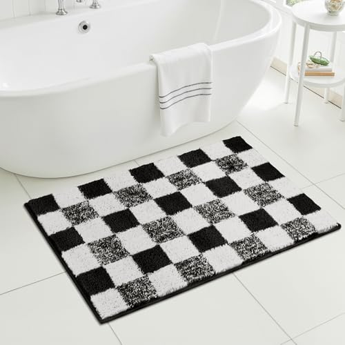 Checkered Bathroom Rugs, Fluffy Rug, Absorbent Microfiber Ultra Soft Bath Mat Washable, Non-Slip Bath Mats for Bathroom, Cute Floor Mat