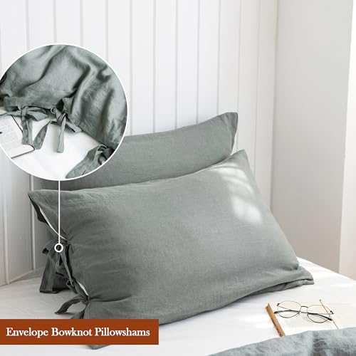 The 100% Linen Duvet Cover Set, 3 Pieces Belgian Flax Breathable Bedding,(1 Comforter Cover+2 Pillowshams) with Tie Closure Style