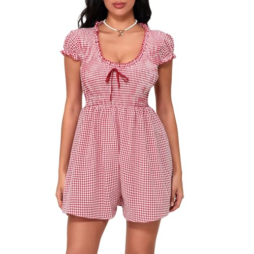 Women's Gingham Mini Dress Short Sleeve Bow Deep V Neck Smocked Waist Slim Fit Retro Plaid Dresses Y2k Sundress
