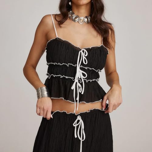 Women 2 Piece Outfits Y2k Sleeveless Lace Trim Cami Tops and Ruffle Ruched Maxi Skirt Matching Set