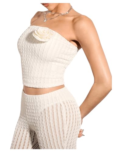 Women's 3D Flower Sleeveless Strapless Tube Top Textured Solid Slim Fitted Crop Bandeau Tops