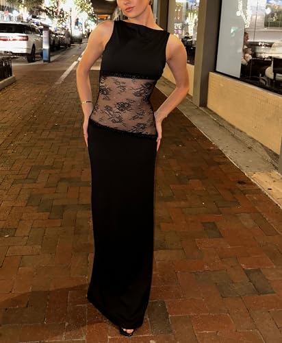 Women Satin Bodycon Maxi Dress Y2K Lace Patchwork Sleeveless Dress Backless Cutout Long Lace Dress Elegant