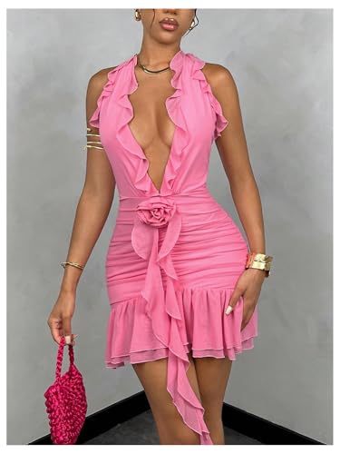 Women's 3D Floral Ruffle Mesh Halter Sleeveless Tie Backless Ruched Bodycon Mini Dress