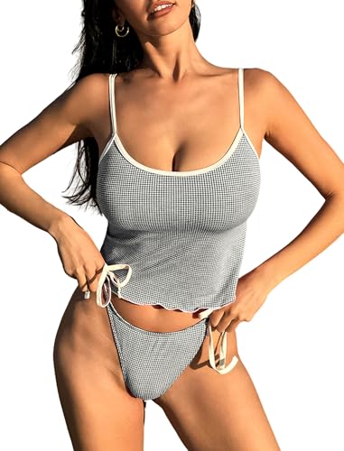 Tankini Swimsuits for Women Tie Front Tummy Control Spliced Ruffles Bikini Sets Two Piece Bathing Suits