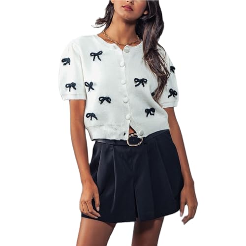 Women Short Sleeve Cardigans Cute Y2k Crop Tops Bow Tie Button Down Knitted Shirts Lightweight Cardigan Sweaters