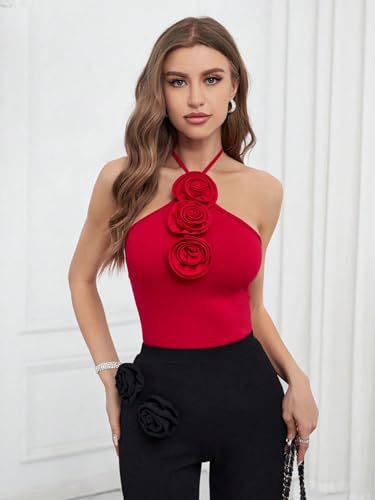 Women's Floral 3D Flower Cami Halter Top Sexy Backless Sleeveless Camisole